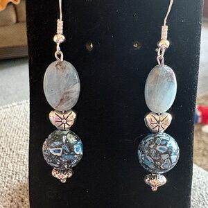 Handcrafted Aquamarine and Fordite Stone Drop Earrings with Silver Accents